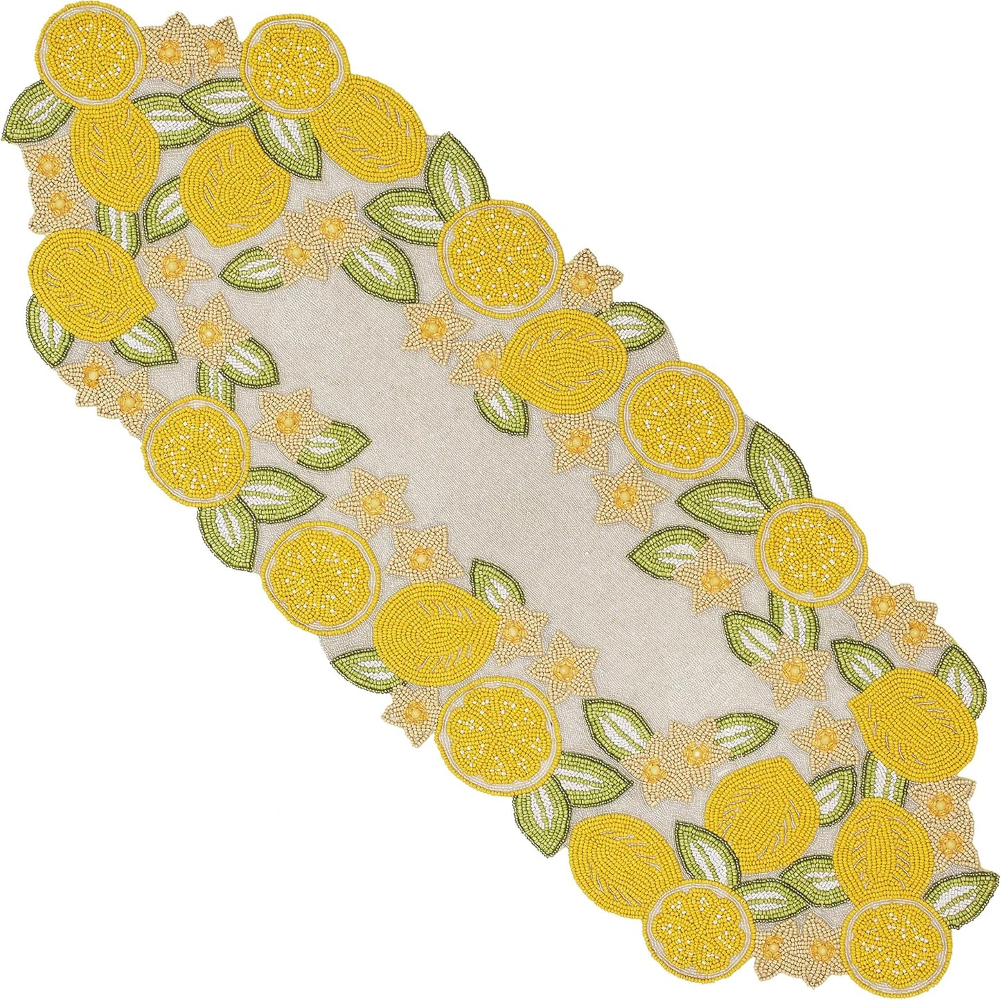 Beaded Table Runner - Handcrafted Lemon Design, Glass Beads & Polyester, Farmhouse Rustic Dining Kitchen Decor, Elegant Modern Luxury Holiday Seasonal Bridal (Yellow) - CLEEENTABLE