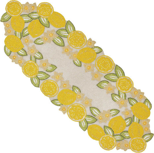 Beaded Table Runner - Handcrafted Lemon Design, Glass Beads & Polyester, Farmhouse Rustic Dining Kitchen Decor, Elegant Modern Luxury Holiday Seasonal Bridal (Yellow) - CLEEENTABLE