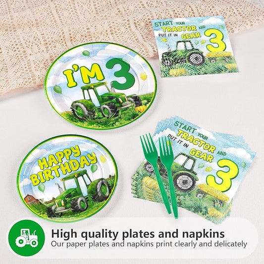 Grencian 96Pcs Tractor Birthday Party Decorations Tractor 3rd Birthday Party Plates Disposable Green Tractors Paper Tableware Set for Kids Boys 3 Years Old Supplies Serves 24