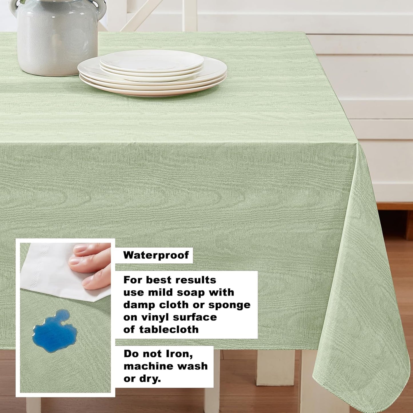 Newbridge Vinyl Flannel Backed Tablecloth, 60 x 102 Inch Rectangle, Sage Green Moire Wavy Solid Design, Heavyweight Indoor Outdoor Waterproof Table Cover, Easy Care Wipe Clean