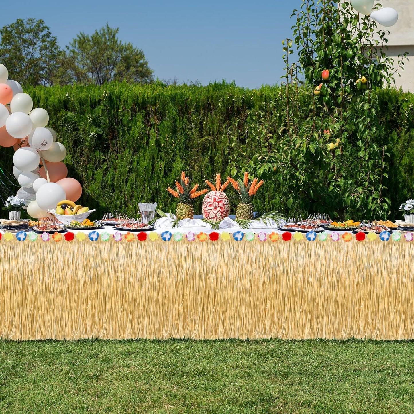 Luau Party Decorations, 2PCS Gold Hawaiian Themed Table Skirt Party Decorations, Flower 108 X 29.5" Grass Skirts Luau Party Favors, Luau Table Skirt for Summer Tropical Hula Parties Decor Accessories