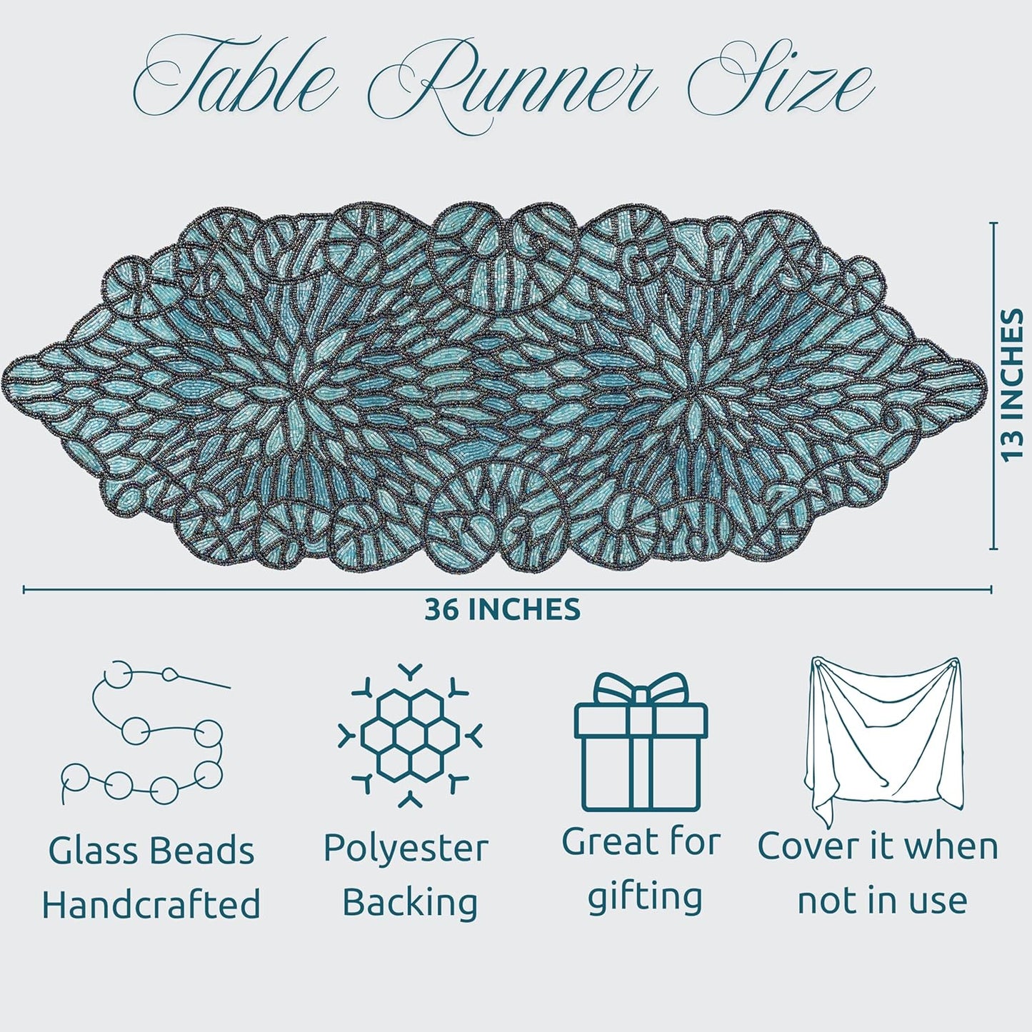 Festive Beaded Table Runner - 13x36 Handmade Stone Sapphire Beaded Table Runner - Floral Art Deco Design & Durable Polyester Backing for Farmhouse, Bridal & Holiday Décor (Blue Black) - CLEENTABLE