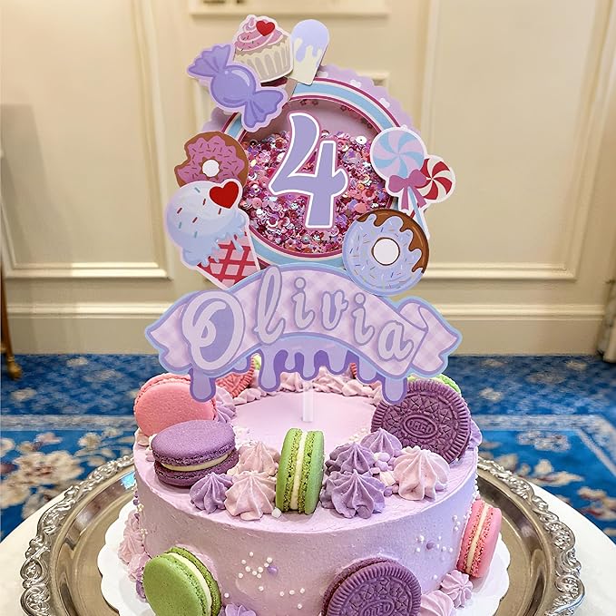 Coucoland Personalized Cake Topper - Ice Cream Candy Glitter Decor with Custom Name Age for Baby Shower Birthday Party Supplies