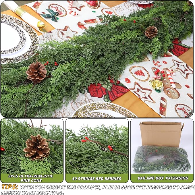 1 Pack 9FT Real Touch Christmas Garland with Pine Cone Artificial Realistic Faux Green Cedar Pine Garland,Thick and Lush, Lifelike Cedar Garland for Fireplace Indoor Outdoor Holiday Party Decoration