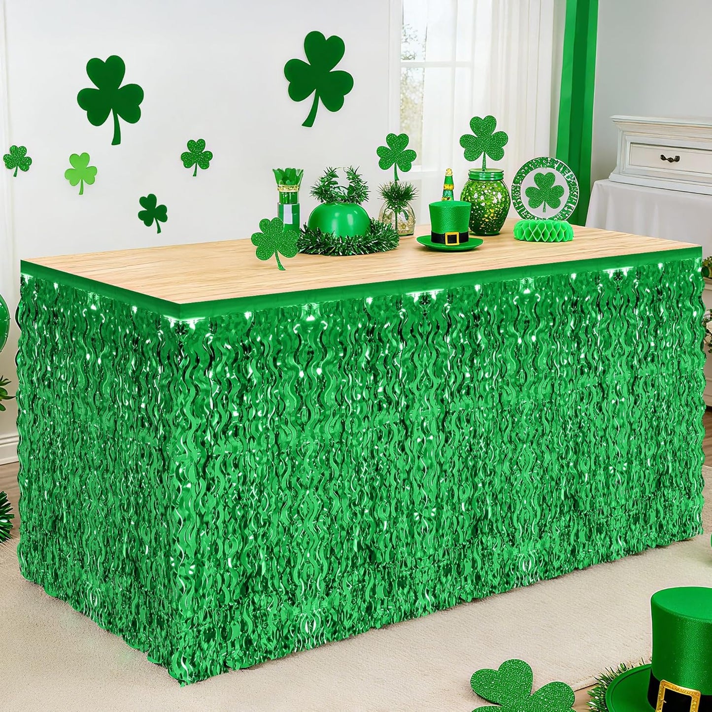 2 Pack Green Table Skirt, St Patrick's Day Foil Grass Table Skirt, Metallic Wavy Tinsel Foil Fringe Table Skirts, Table Skirts for Irish Holiday Saint Patrick Wedding Birthday Valentines Party
