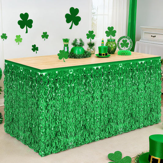 2 Pack Green Table Skirt, St Patrick's Day Foil Grass Table Skirt, Metallic Wavy Tinsel Foil Fringe Table Skirts, Table Skirts for Irish Holiday Saint Patrick Wedding Birthday Valentines Party