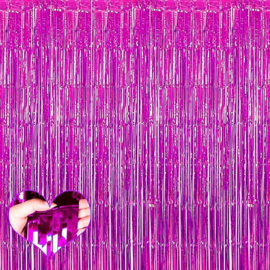 4 Pack Fuchsia Fringe Curtain Backdrop, 3.2Ft x 6.6Ft Metallic Tinsel Foil Fringe Streamers Curtains Background for Photo Booth Birthday Wedding Baby Shower Party Thanksgiving Christmas Decorations