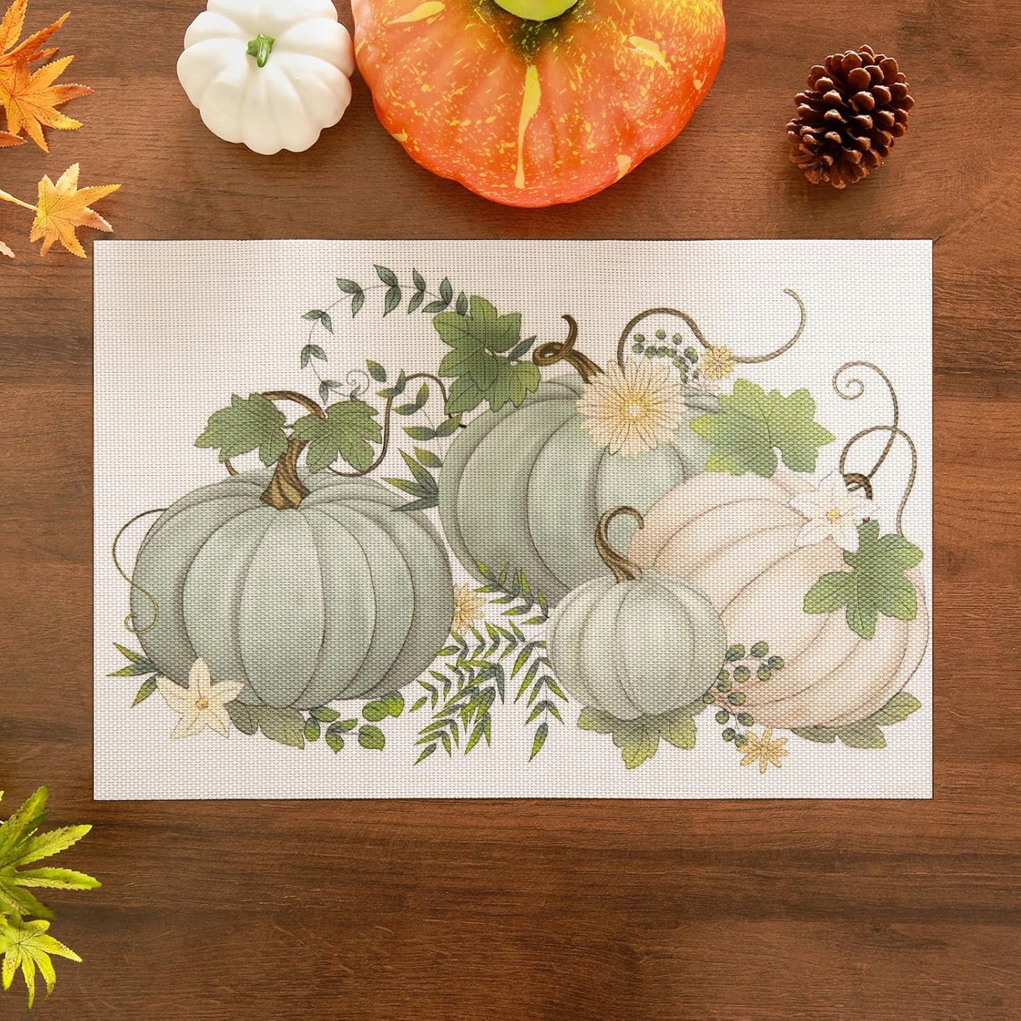 Thanksgiving Placemats Set of 6 Fall Place Mats Pumpkin Maple Leaves Table Mats Washable Non-Slip Heatproof Woven Placemats for Dining Table (17.7" X 11.8")
