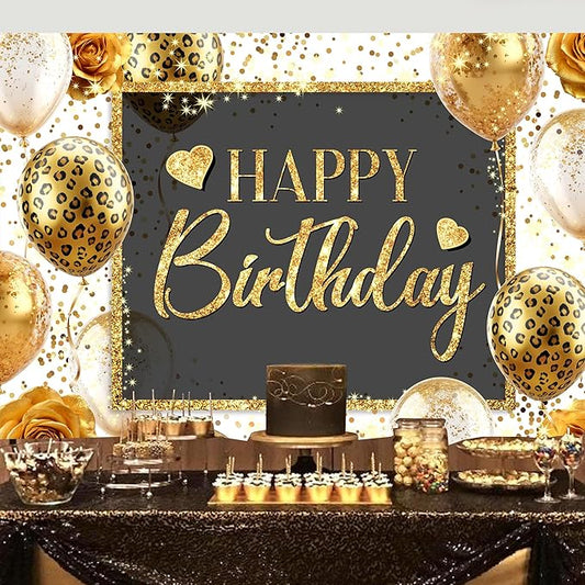 Homewelle Happy Birthday Backdrop 7Wx5H Feet Polyester Fabric Gold Leopard Balloon Love Heart Rose Elegant Flower Confetti Decoration Girly Gold Glitter Photography Background Photo Shoot Props