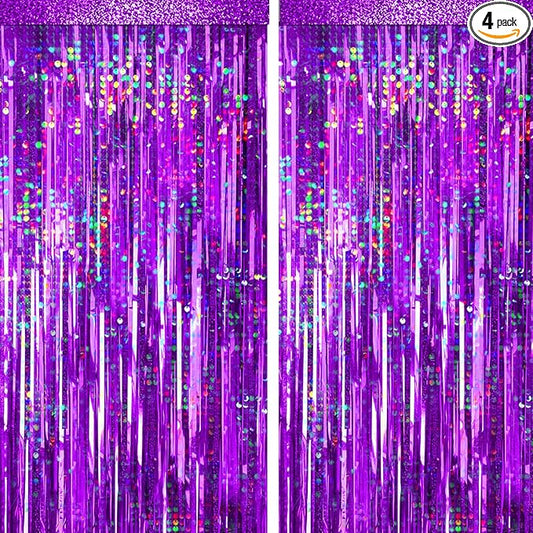 4 Packs Purple Foil Fringe Curtain, Purple Glitter Metallic Tinsel Backdrop for Birthday, Wedding, Baby Shower, Princess Bachelorette Christmas New Year Party Decorations Supplies