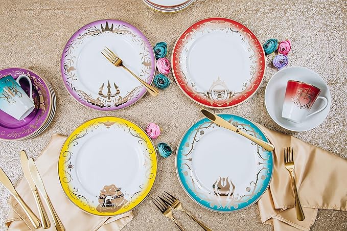 Disney Villains 16-Piece Ceramic Dinnerware Set, Maleficent, Evil Queen, Jafar, Ursula, Multicolor