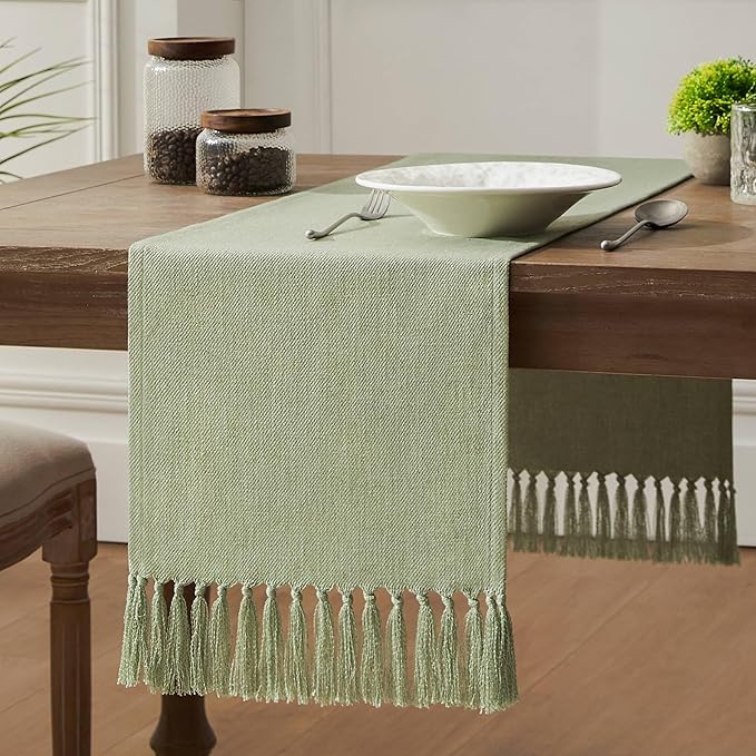 ZeeMart Linen Blend Table Runner, Sage Green 13x72 Inch, Farmhouse Burlap Linen Style Rustic Sage Green Table Runners 72 Inches Long