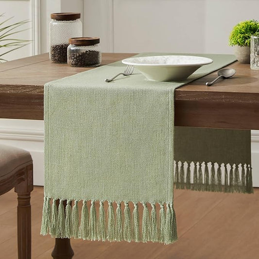 ZeeMart Linen Blend Table Runner, Sage Green 13x72 Inch, Farmhouse Burlap Linen Style Rustic Sage Green Table Runners 72 Inches Long