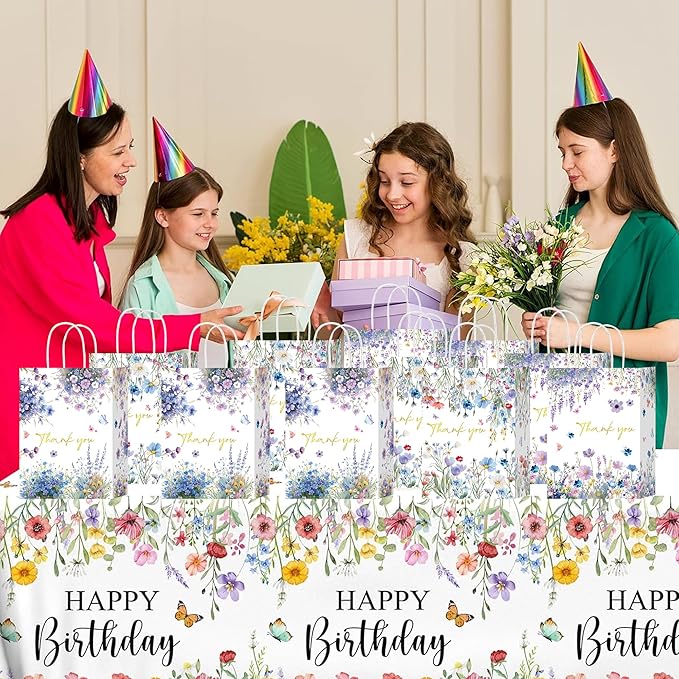 W WINTMING 24 Pcs Thank You Gift Bags with Handle Wildflower Paper Bags Floral Thank You Goodie Bag for Wedding Birthday Candy Treat Bag Shopping Wrapping (Wildflower)