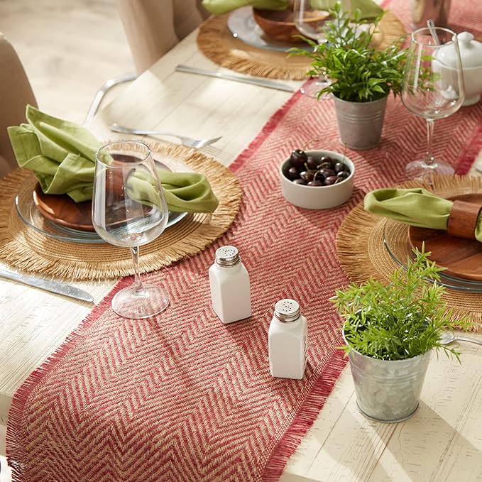 DII Jute Burlap Collection Kitchen Tabletop, Table Runner, 14x108, Chevron Barn Red