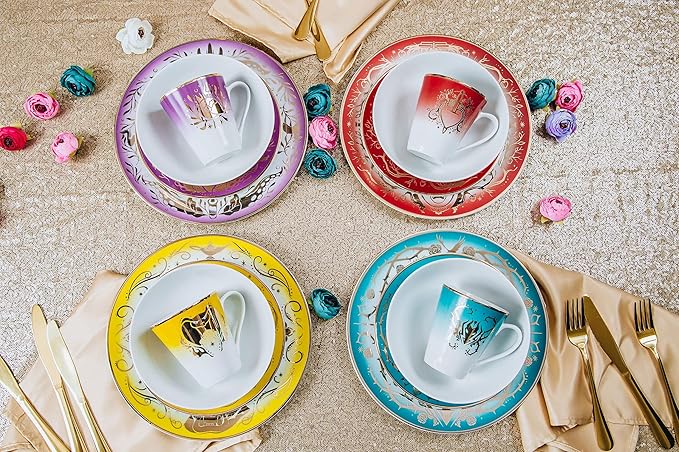 Disney Villains 16-Piece Ceramic Dinnerware Set, Maleficent, Evil Queen, Jafar, Ursula, Multicolor