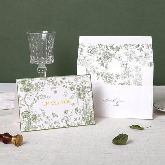 Crisky Green Floral Thank you cards Gold Foil Greeting Notes Bulk with Envelopes(25 Pack) for Birthday, Baby Shower, Bridal Shower, Wedding, Graduation