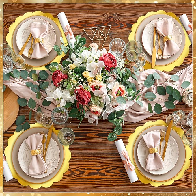 150 Pcs Scalloped Round Gold Paper Placemat for Dinner Plates,13.5" Round Disposable Place Mats Chargers Bulk Christmas Wedding Birthday Party Foil Paper Table Mats Decorative