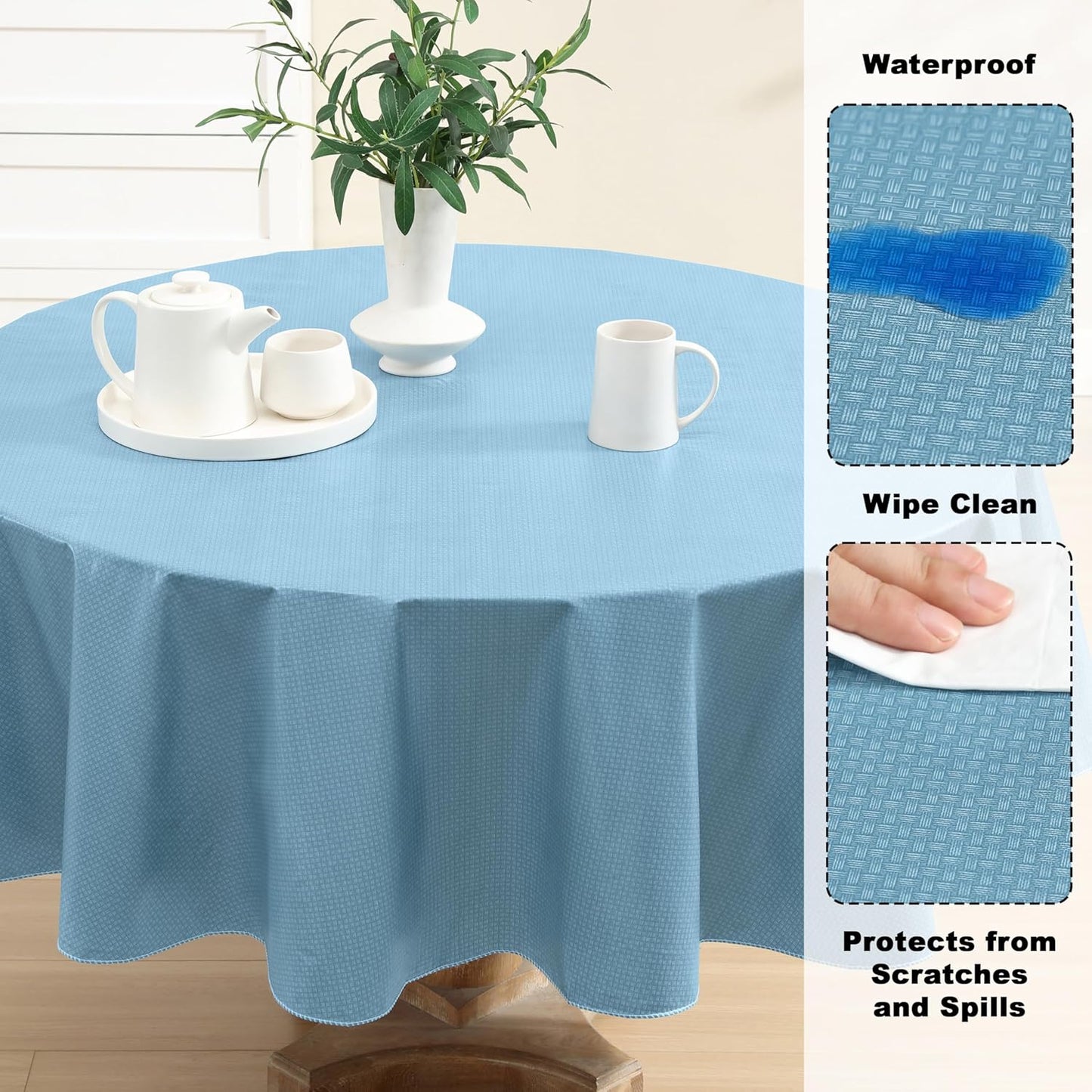 Newbridge Basketweave Vinyl Flannel Backed Tablecloth, 70 Inch Round, Blue, Basket Weave Textured Indoor Outdoor Waterproof Table Cover for Patio, Kitchen, Dining