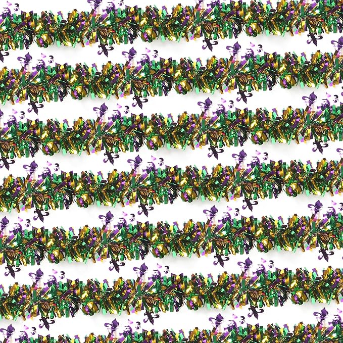 100 Feet Mardi Gras Tinsel Garland Gold Green Purple Christmas Tree Tinsel Garland Metallic Twisted Hanging for Mardi Gras Oktoberfest Birthday Party Decoration, A