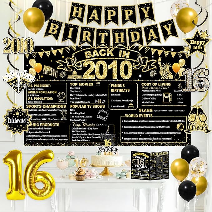 16th Birthday Decorations for Boys, Black Gold Back in 2010 Party Supplies Kit with Banner, Backdrop, Balloons, Cake Topper & Sash, 16 Year Old Birthday Party Decor Boy
