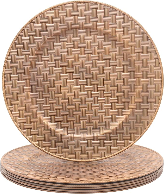 Antique Gold Charger Plates with Basketweave Texture, Set of 6, Faux Woven Plastic Service Plates for Rustic Wedding & Farmhouse Table Decor, 13 Inch (634)