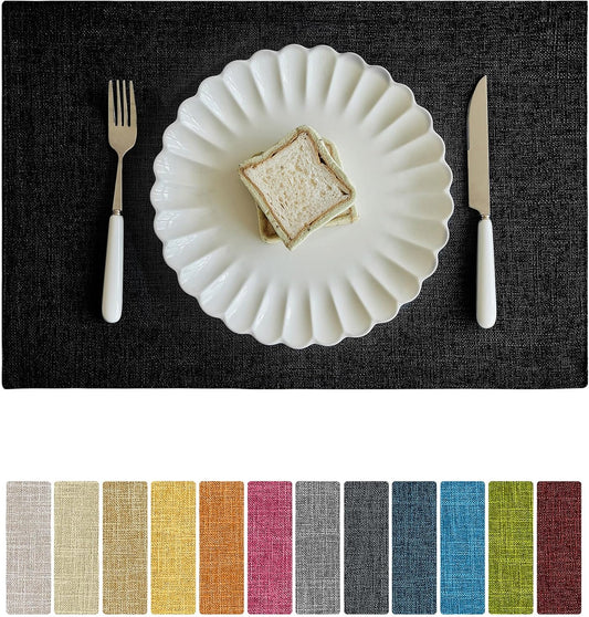 Softalker Faux Linen Placemats Set of 6-12 x 18 Inch, Heat Resistant Double Layered Durable Burlap Farmhouse Place Mats, Non-Slip Washable Rustic Table Mats for Dining, Kitchen, Party（Black