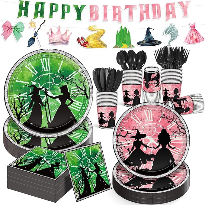 169Pcs Pink and Green Witch Birthday Decorations, Include Plates Napkins Cups Banner Knives Forks Spoons, Serve 24
