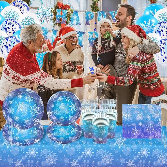 148pcs Snowflake Frozen Birthday Party Supplies,Blue and Purple Snowflake Winter Wonderland Paper Plates and Napkins Kit for Christmas Winter Holiday New Year Party Supplies Decorations,Serves 24