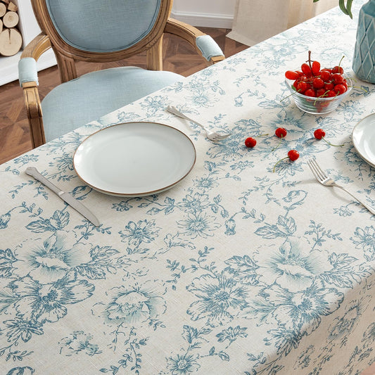 jinchan Linen Table Cloth 52 x 70 Inch with Flower Print Farmhouse Beige Linen Blend Cloth for Rectangle Dining Table Washable Cottage Table Cover Home Decor 1 Panel Floral Blue on Beige