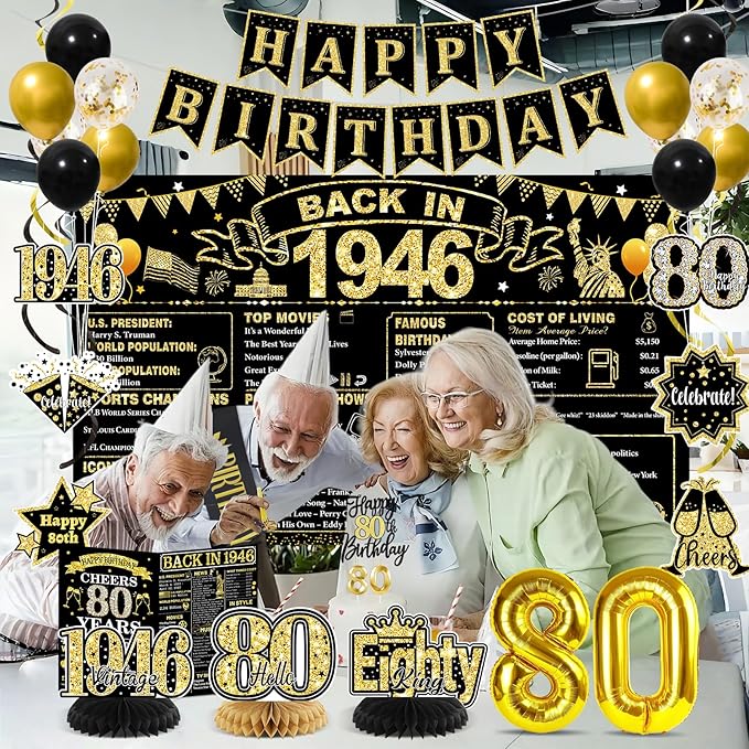 80th Birthday Decorations for Men, Black Gold Back In 1946 Party Supplies Set with Sash, Banner, Backdrop, Balloons, Cake Topper for 80 Year Old Birthday Decorations