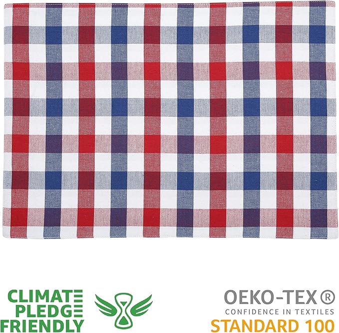Urban Villa July 4th Placemats for Dining Table Patriotic Placemats 100% Cotton (Set of 6) 14''x20'' Oversized Tablemats for Family Dinner Parties (Red/Blue/White Buffalo Checks)