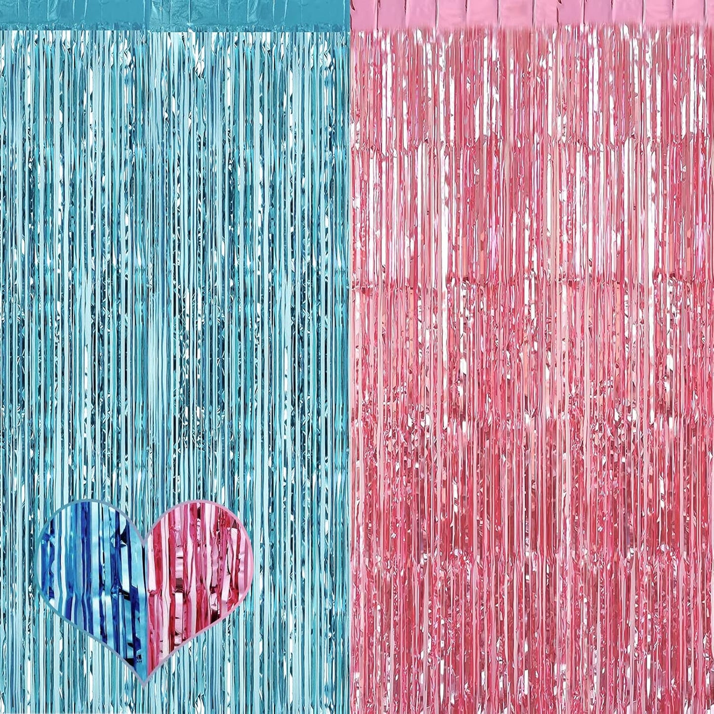 4 Pack 3.2Ft x 6.6Ft Pink Blue Fringe Curtain Backdrop, Metallic Tinsel Foil Fringe Streamers Curtains Background for Photo Booth Wedding Gender Reveal Backdrop Boy or Girl Birthday Party Decoration
