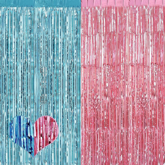 4 Pack 3.2Ft x 6.6Ft Pink Blue Fringe Curtain Backdrop, Metallic Tinsel Foil Fringe Streamers Curtains Background for Photo Booth Wedding Gender Reveal Backdrop Boy or Girl Birthday Party Decoration