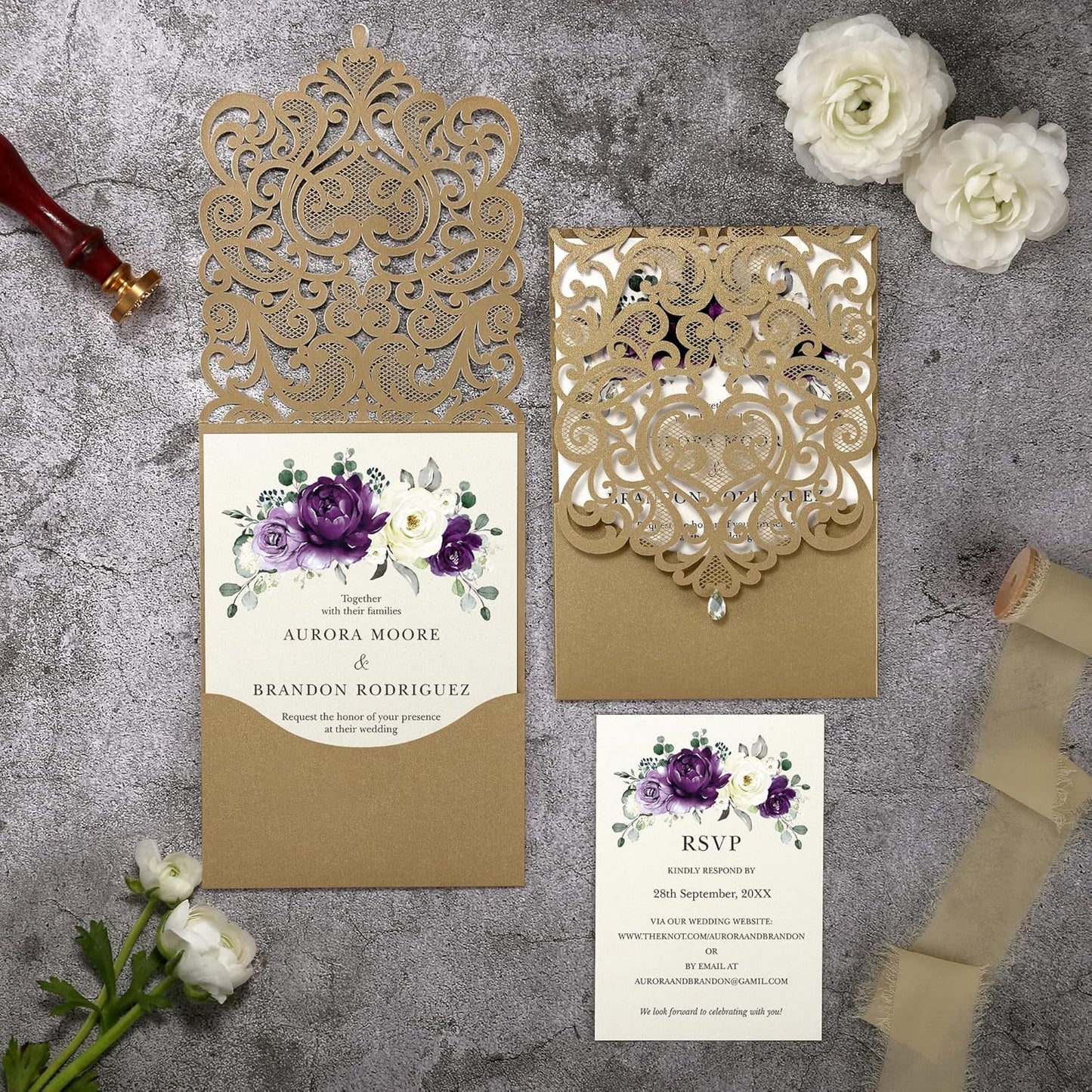 50pcs Laser Cut Wedding Invitations with Envelopes and RSVP Cards Purple and Gold, 5x7.3 Personalized Invitation Cards for Wedding, Anniversary Invitations with Rhinestone