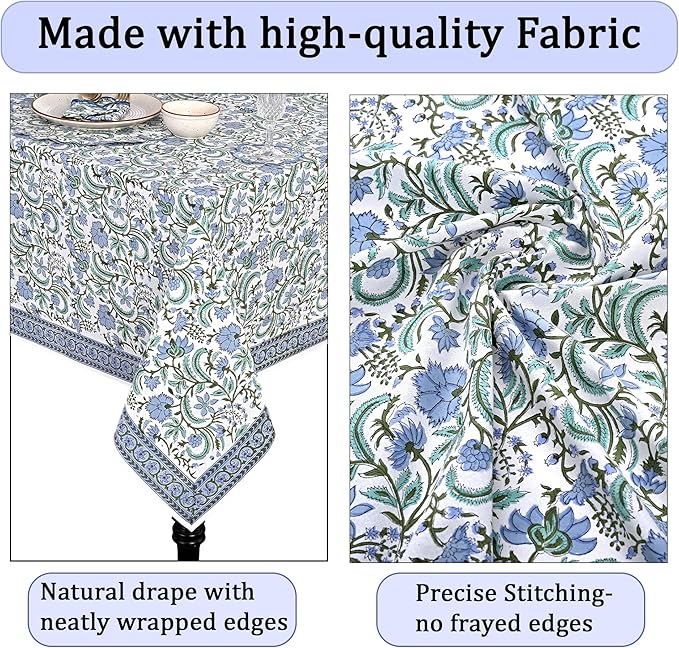 Ridhi Hand Block Print Columbia Blue Rectangle Cotton Tablecloth 140" x 72" Reusable Table Cover Decorative Everyday Use for Dining, Farmhouse, Home Gift for Spring, Easter, Valentine