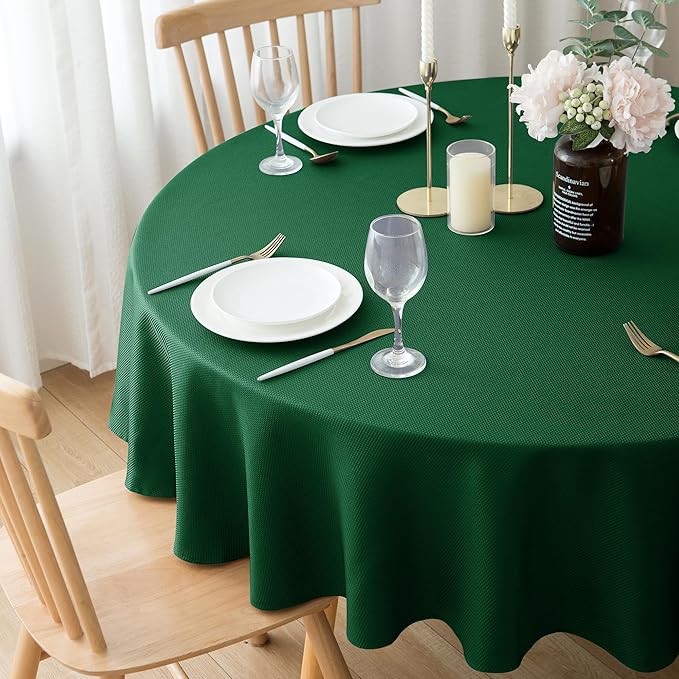 Biscaynebay 2 Pack Textured Fabric Round Tablecloths 70", Hunter Green Water Resistant Tableclothes Small Circle Folding Table Covers Linen for Dining, Kitchen, Wedding, Parties etc Machine Washable