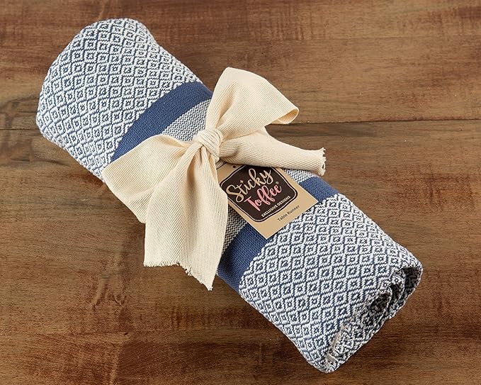 Sticky Toffee Cotton Table Runner, 14 x 72 Inch, Blue Woven Farmhouse Boho Striped Table Décor for Kitchen or Dining