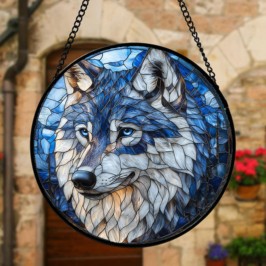 Stained Glass Window Hanging - Funny Wolf Suncatcher Ready to Hang Window Doors Home Decoration and Christmas, Mother's Day Birthday Gifts for Women, Men, and Mom 6.3x6.3 in