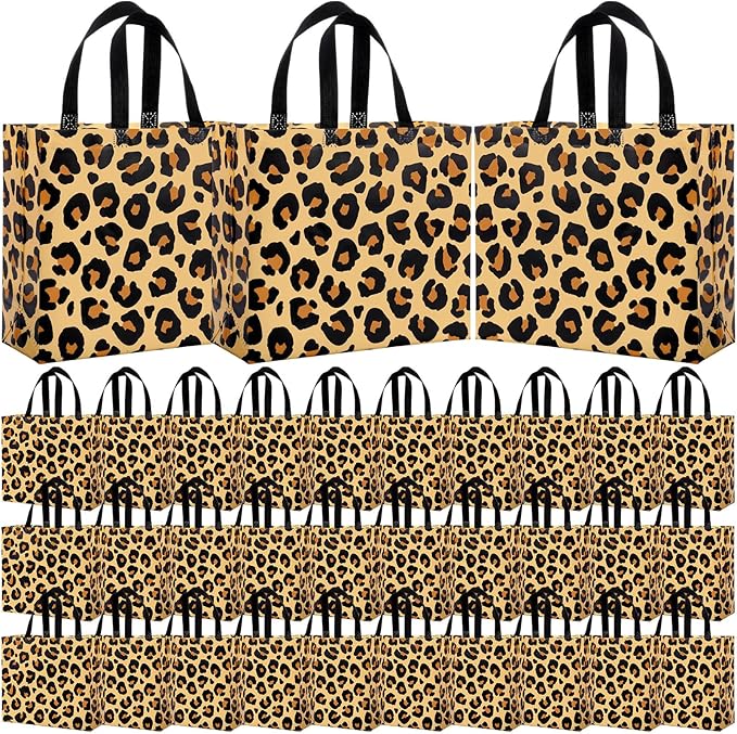 Abbylike 30 Pack Leopard Print Reusable Gift Bag Bulk Large Brown Animal Print Shopping Bag for Jungle Birthday Party Favor