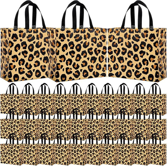 Abbylike 30 Pack Leopard Print Reusable Gift Bag Bulk Large Brown Animal Print Shopping Bag for Jungle Birthday Party Favor