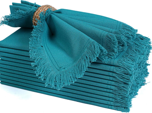 Bedding Craft Cotton Cloth Dinner Napkins Set of 12 – 18x18 Latigo Bay Teal with Fringed Corners – Reusable Machine Washable Fabric Napkins for Weddings, Baby Showers, Parties & Dining