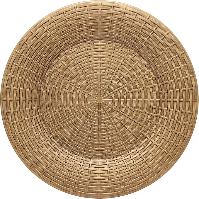 Rattan Chargers for Dinner Plates, 13" Antique Gold Charger Plates, Set of 6 Round Plastic Woven Texture Matte Finish for Wedding & Party (513BR)