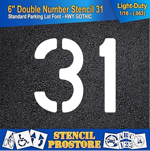 Pavement, Curb, and WheelStop Stencils - 6 inch Double Number Stencil - (31) - 6" x 6" x 1/16" (63 mil) - Light-Duty