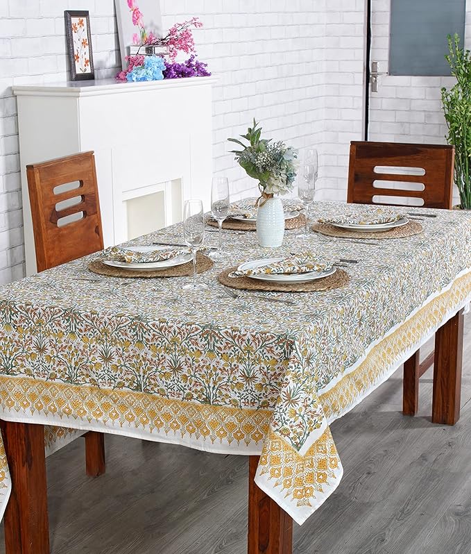 Ridhi Hand Block Print Goldenrod Yellow Rectangle Cotton Tablecloth 140" x 72" Reusable Table Cover Decorative Everyday Use for Dining, Farmhouse, Home Gift for Spring, Easter, Valentine