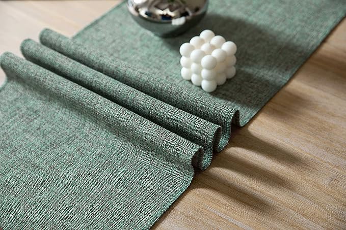 ZeeMart Green Table Runners 108 Inches Long, Burlap Linen Style Rustic Farmhouse Table Runner, Long Boho Dining Table Runner, 13x108 Inches, Mineral Green