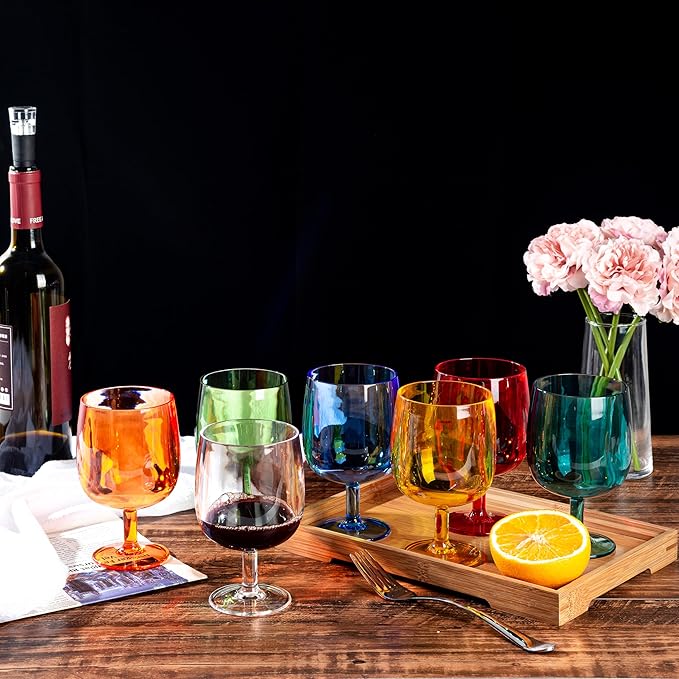 KOXIN-KARLU Classic Stackable 12 ounce Plastic Wine Stems Acrylic Glasses, set of 6 Multicolor