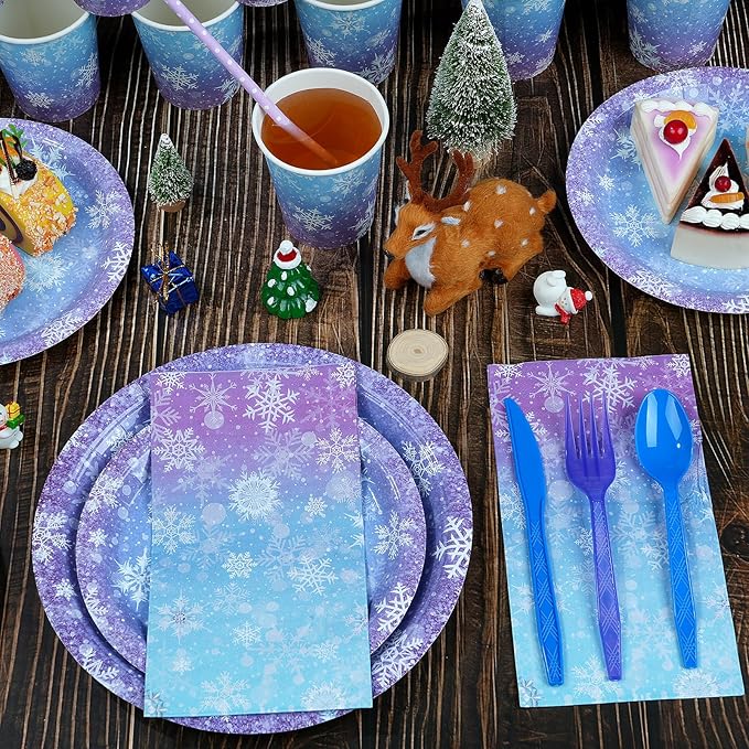 Winter Snowflake Paper Plates and Napkins Set, Blue and Purple Snowflake Winter Wonderland Disposable Tableware for Christmas Winter Holiday New Year Birthday Party Supplies Decorations, Serve 25