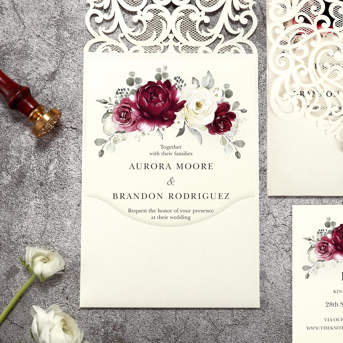 50pcs Laser Cut Wedding Invitations with Envelopes and RSVP Cards Burgundy and Ivory White, 5x7.3 Personalized Invitation Cards for Wedding, Anniversary Invitations with Rhinestone