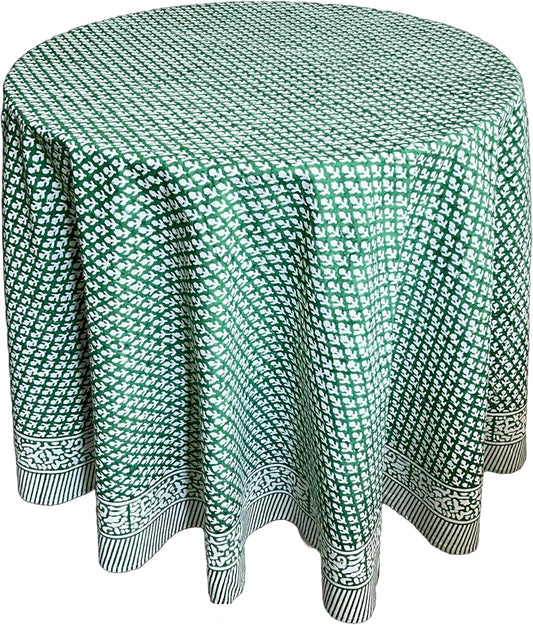 ATOSII Queen Green 100% Cotton Round Tablecloth, Handblock Print Floral Table Cloth for Kitchen Dining Linen I Parties, Weddings, Outdoors, Christmas, Thanksgiving I Fall Home Decor 60" Inches Round
